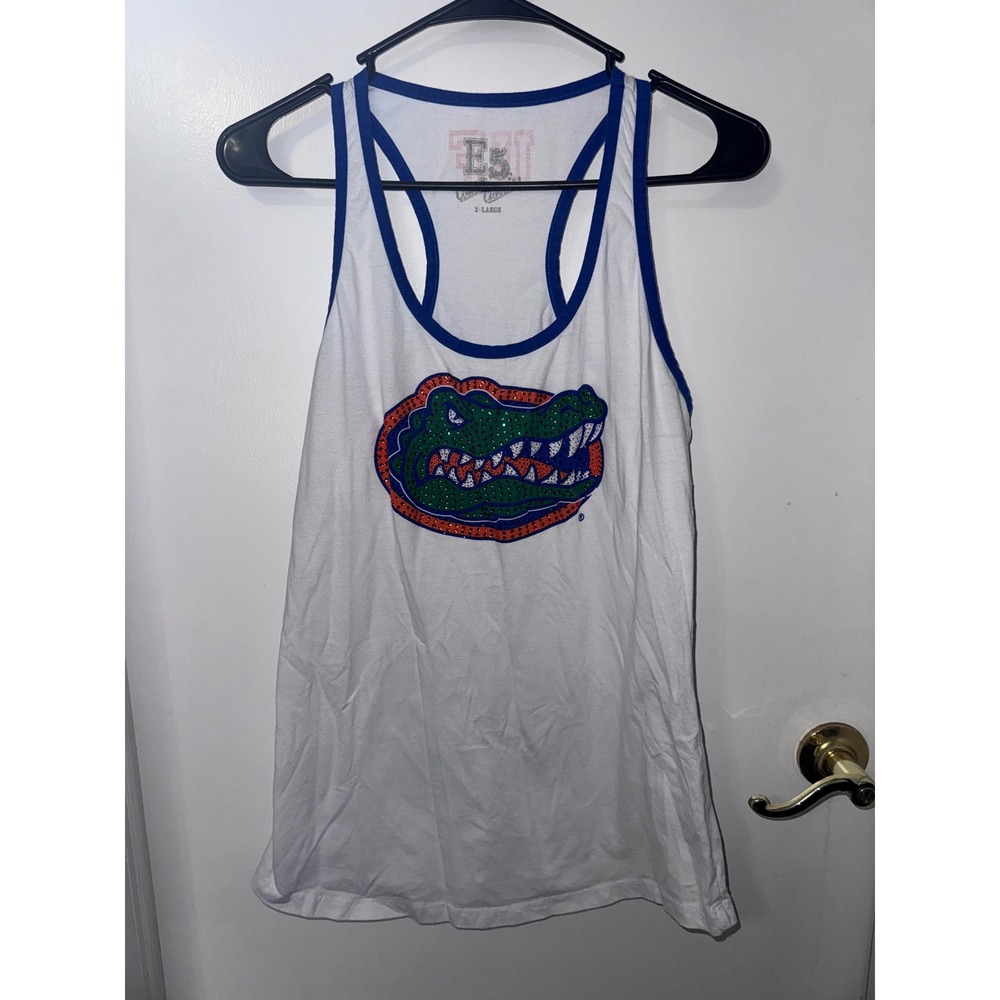 E5 Florida Gators Rhinestone Racerback Tank Top White Blue Womens XL UF NCAA